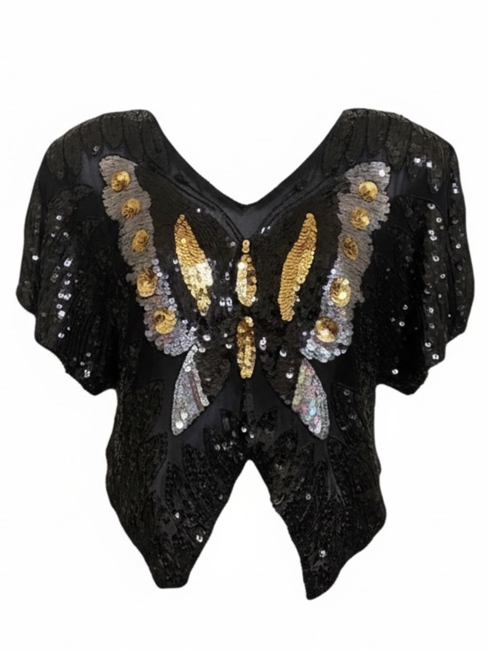 VTG 70's Sequin Butterfly Silk Top One Size Black Gold Coachella Festival Event